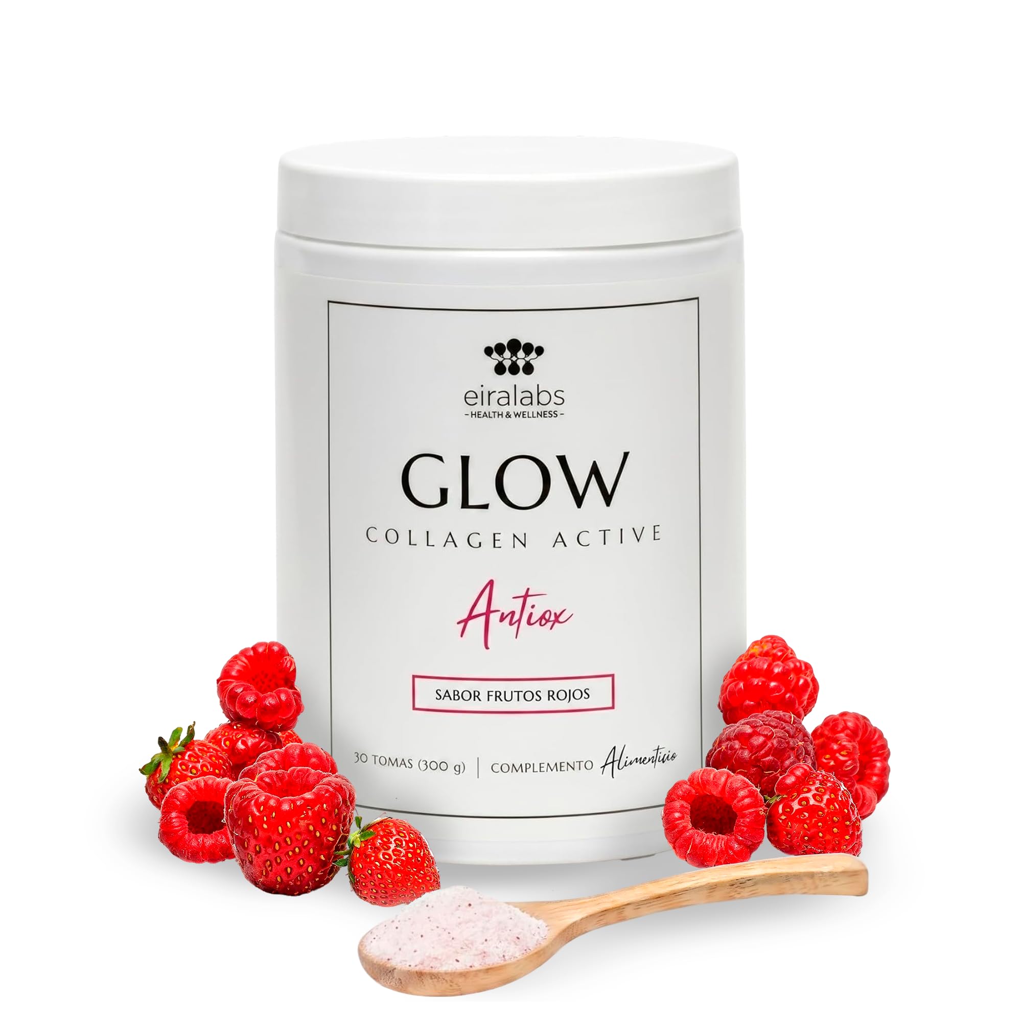 Glow Colágeno Hidrolizado Marino con Ácido Hialurónico, Vitamina C y Zinc, 300 gr de Colágeno en Polvo, Piel más Saludable y Firme, Hidratación De Rápida AbsorciónSabor Frutos Rojos