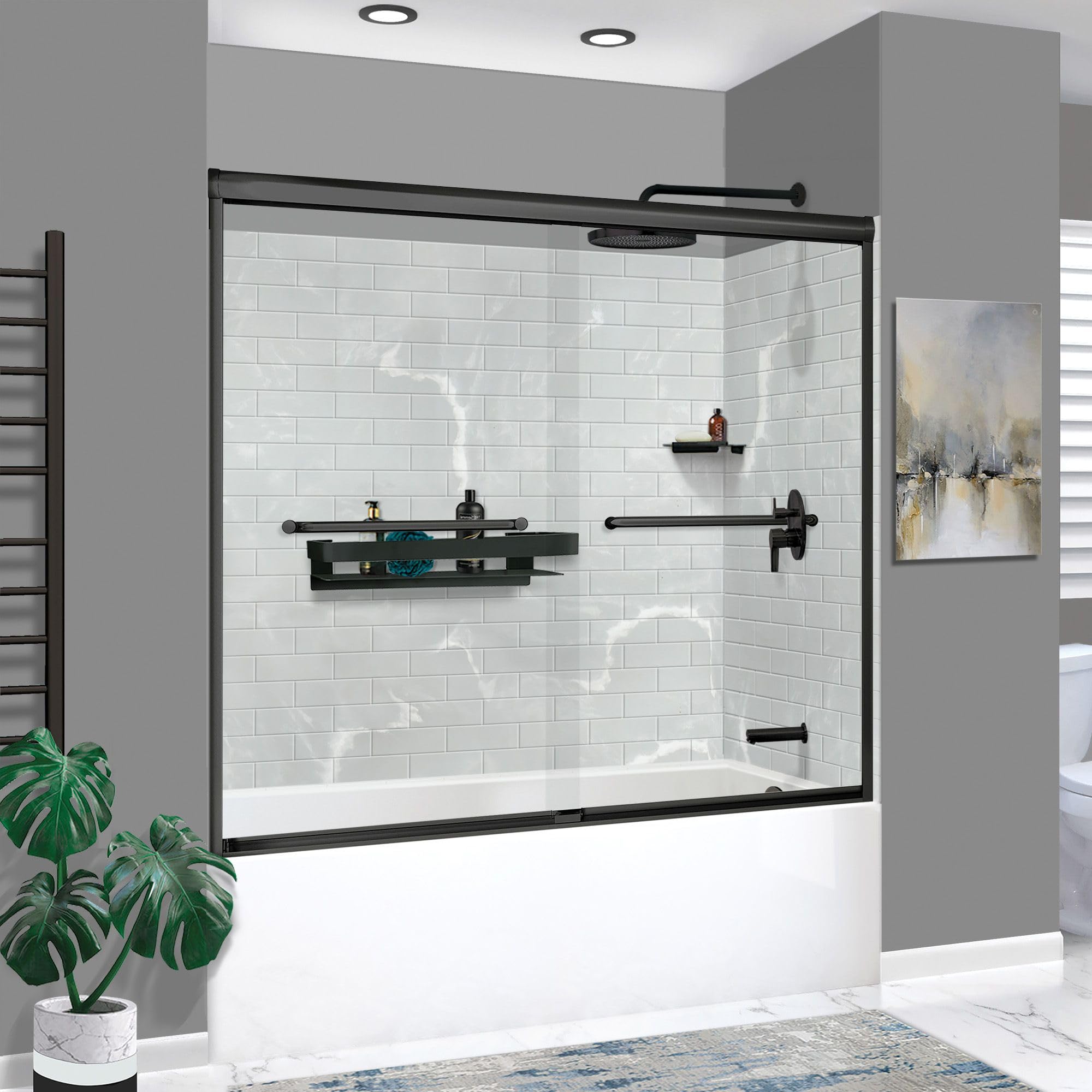 Transolid KTAFS603660R-50MB 60-in x 36-in x 80-in 7-Piece Glue-on Saramar Shower/Tub Kit with Door Faucet and Accessories, Lunar/Matte Black