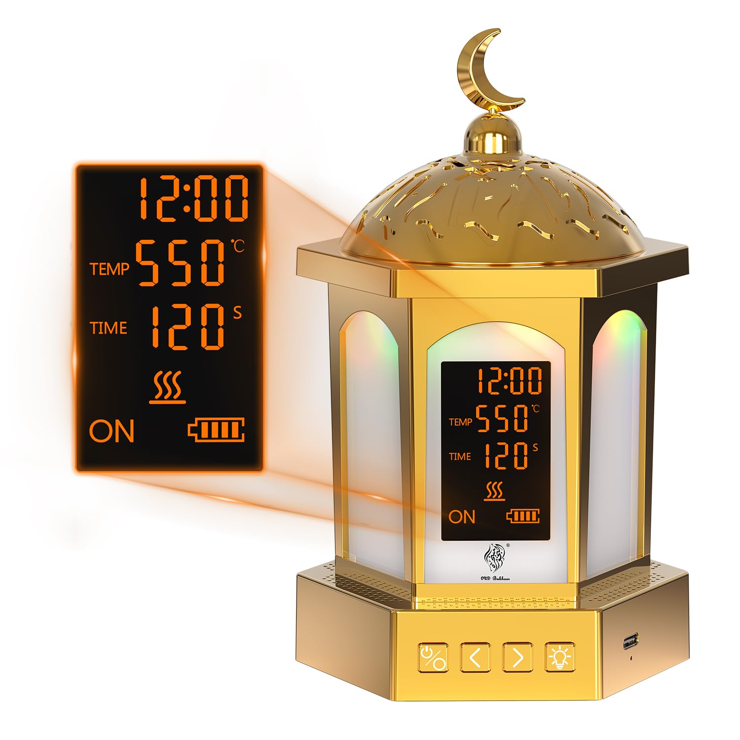 langanhaltender Bakhoor Brenner elektrischer Aroma Diffuser, USB Wiederaufladbar arabischer Räucherstövchen mit LED Display & 3 Temperatureinstellungen (500°C/120s - 300°C/300s)