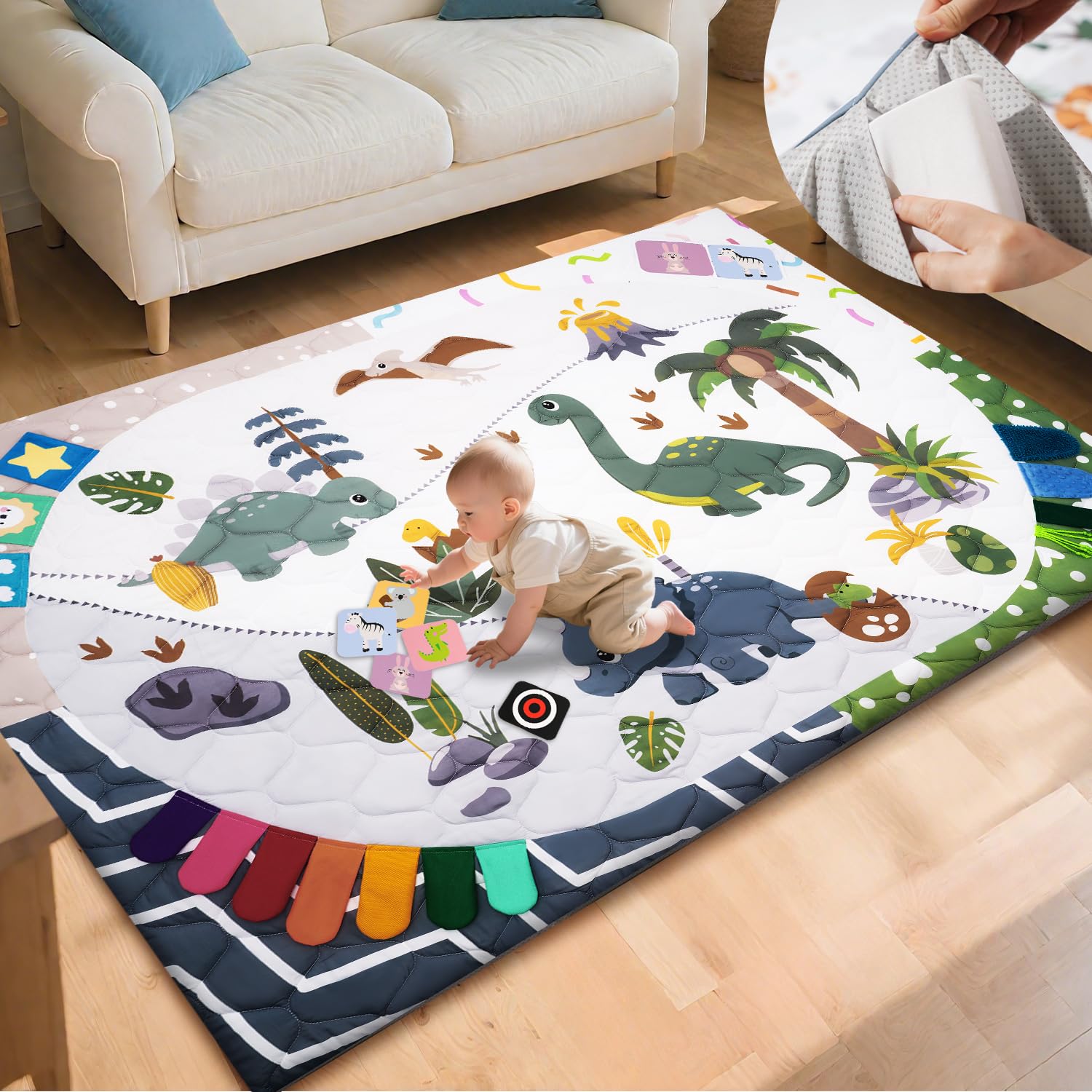 TINYHARBO Premium Foam Baby Play Mat 74x50, 4 Developmental Zones Play Mat with Removable & Machine Washable Cover, Extra Thick Padding Playpen Mat, Easy to Clean for Infants, Toddlers & Babies