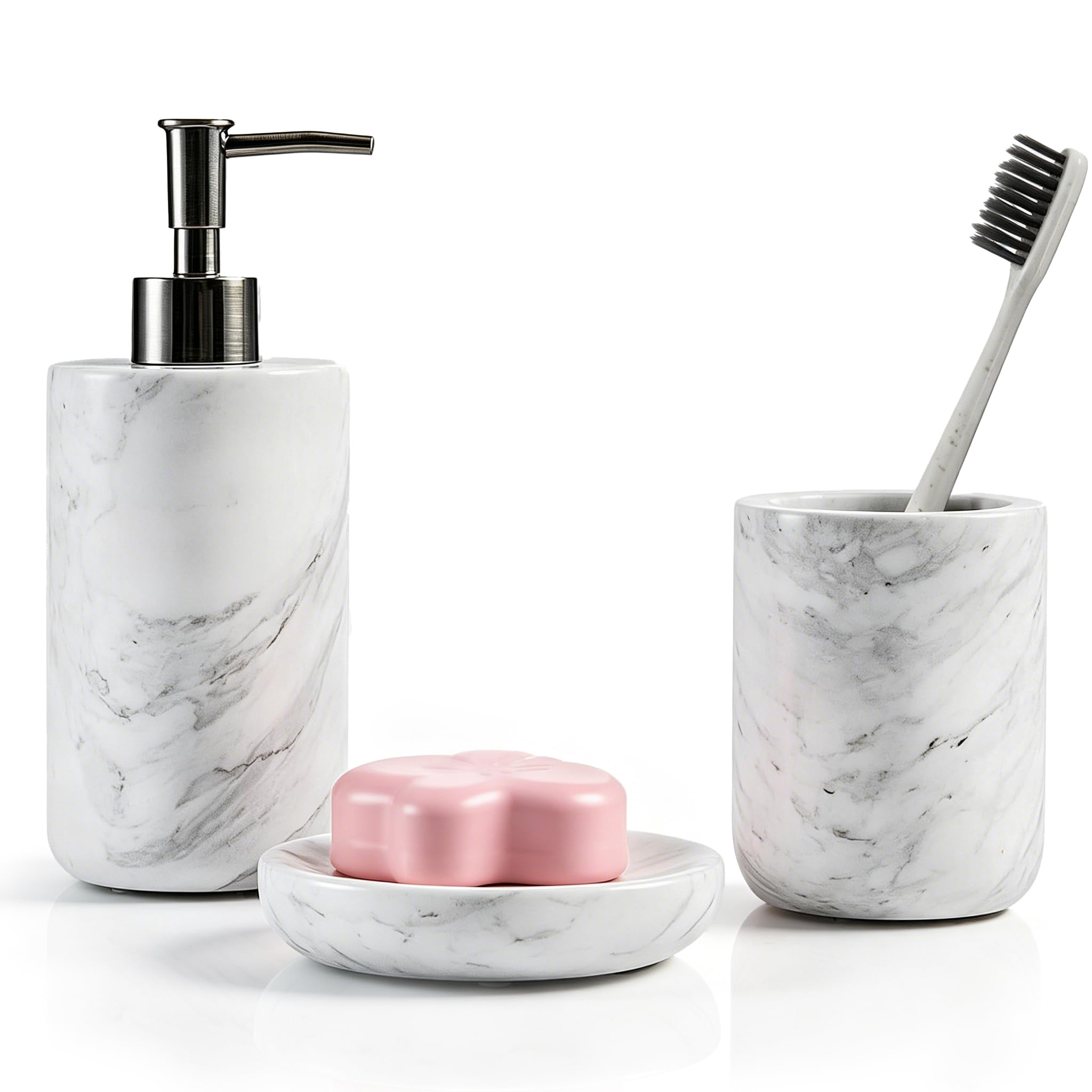 Set di accessori da bagno in marmo naturale italiano, 3 pezzi, bianco | Set di accessori da bagno con portaspazzolino, dispenser di sapone e portasapone. In marmo italiano (WH054)