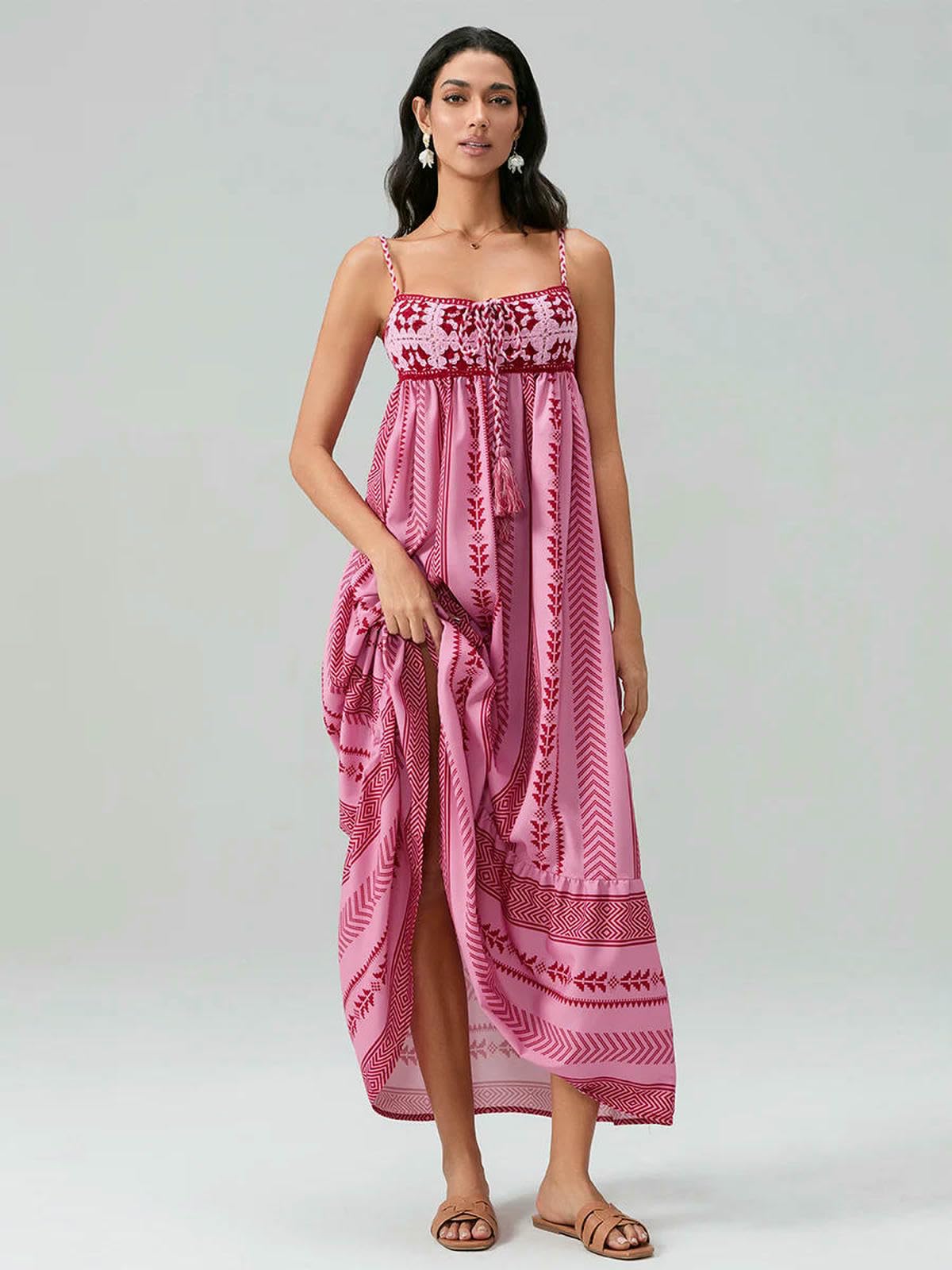 Abito Donna Invernale Summer Women Senza Maniche Flowy Vaccation Party Eleganti Nappe all'Uncinetto di Stampa Geometrica-Rosa-l