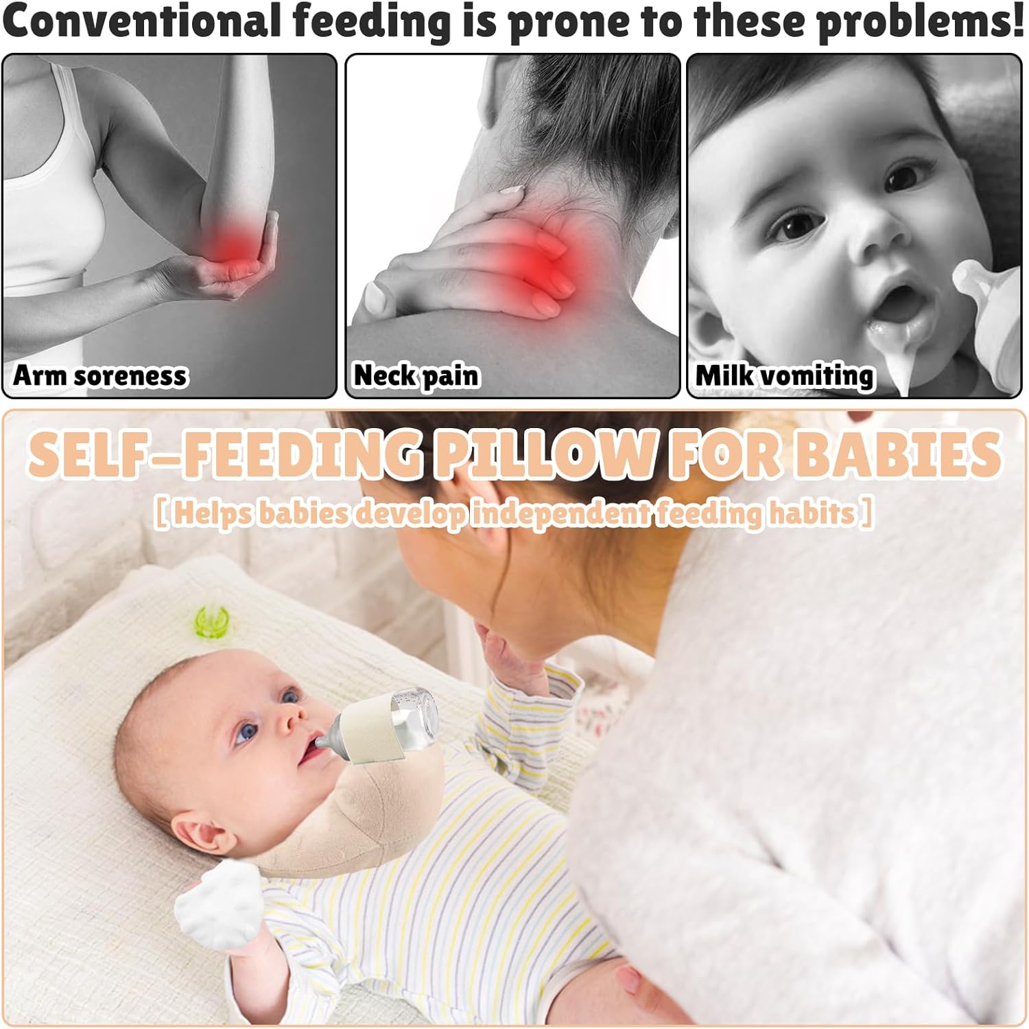 Baby Bottle Holder Pillow for Newborns & Infants - Adjustable Baby Feeding Support, Self Feeding Nursing Pillow to Prevent Arm Fatigue, White (No Bottle) image 6 of 7 B0FPCCNRKN