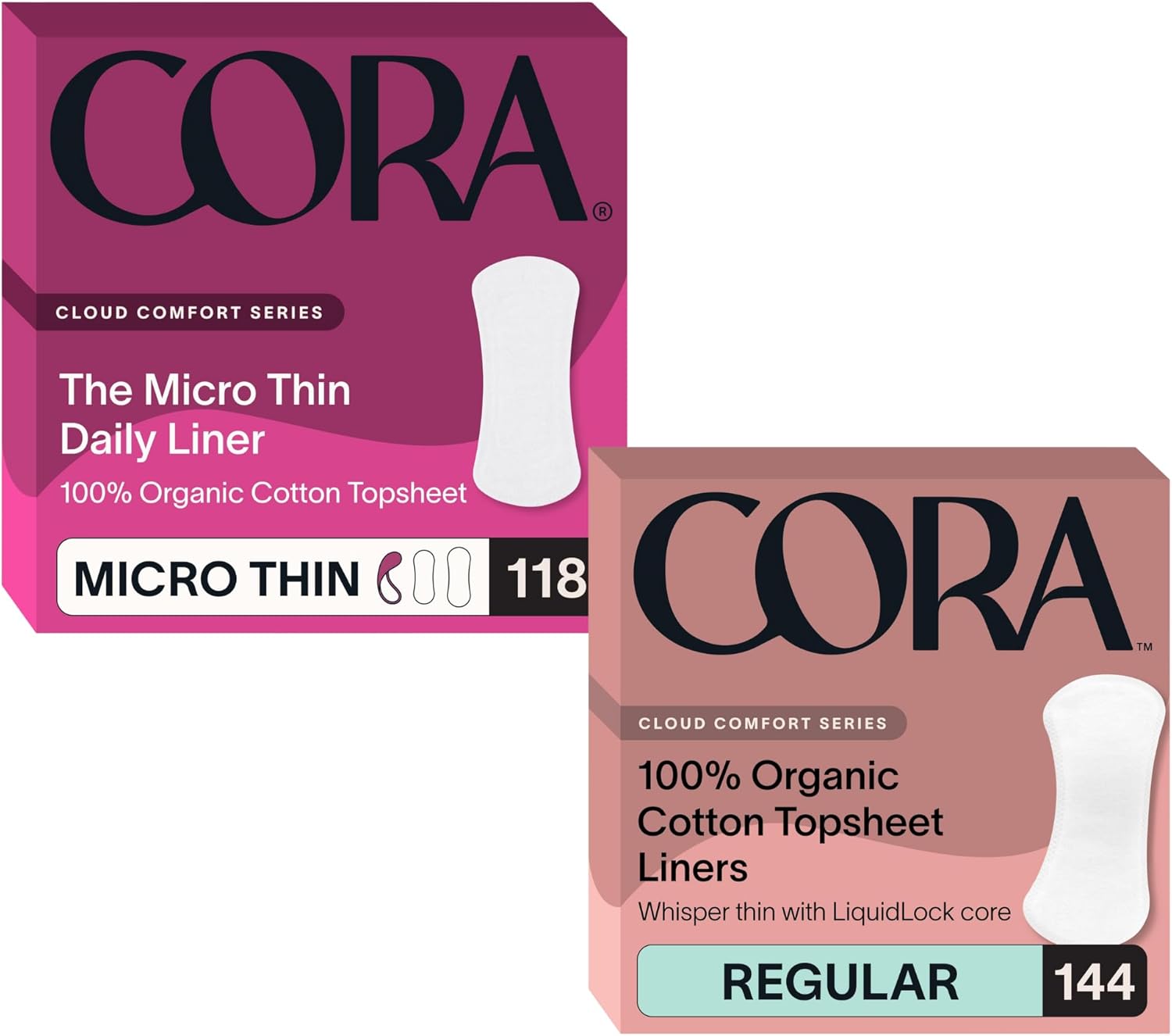 Cora Organic Cotton Feminine Care Bundle | 118 Micro Thin Daily Panty Liners and 144 Regular Period Pads | Ultra Absorbent | Non-Winged | Unscented