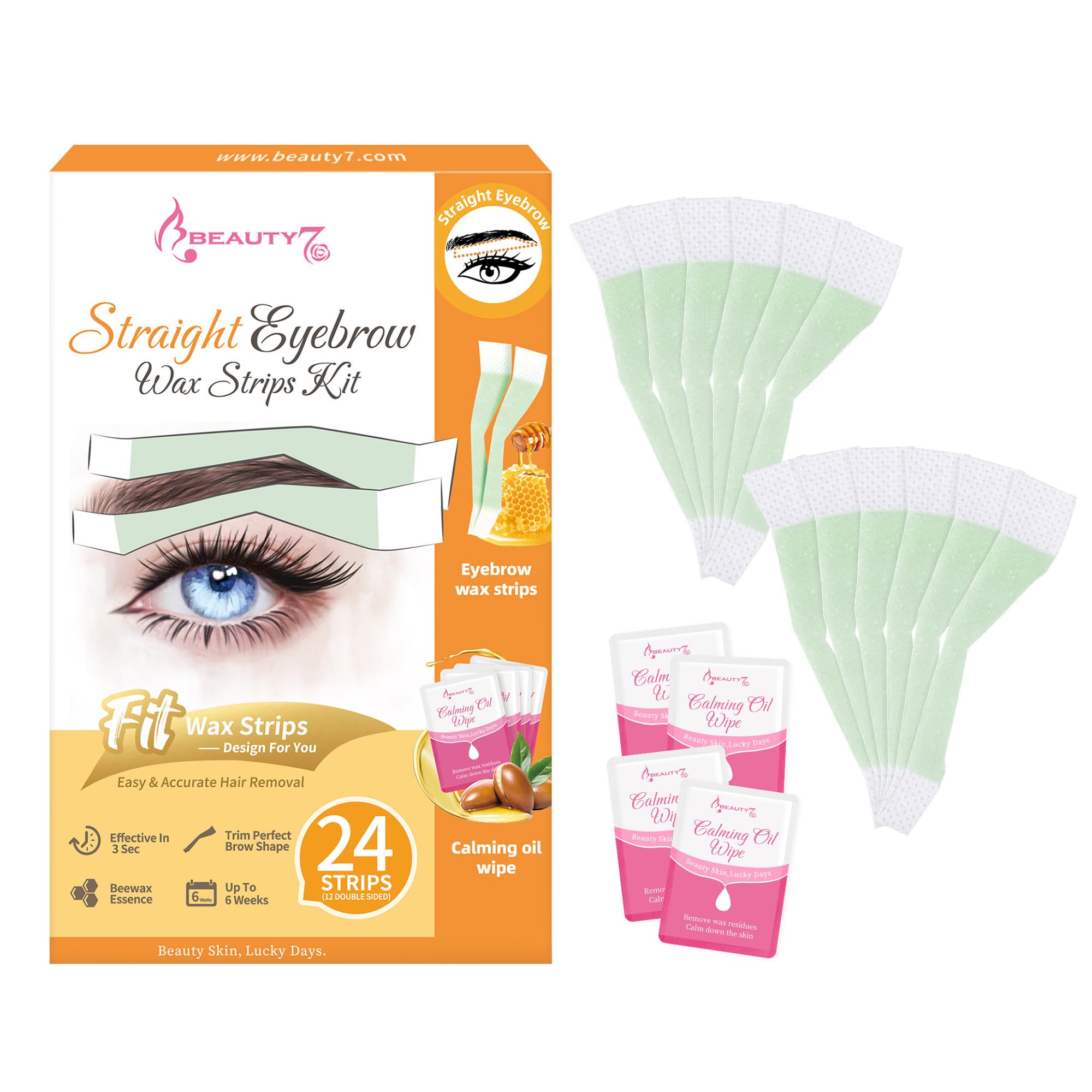Beauty7 Fit Facial Wax Strips for Hair Removal -Straight Eyebrow Wax Strips at Home - 24 Strip, 4 Calming Oil Wipes for All Skin Types for Women