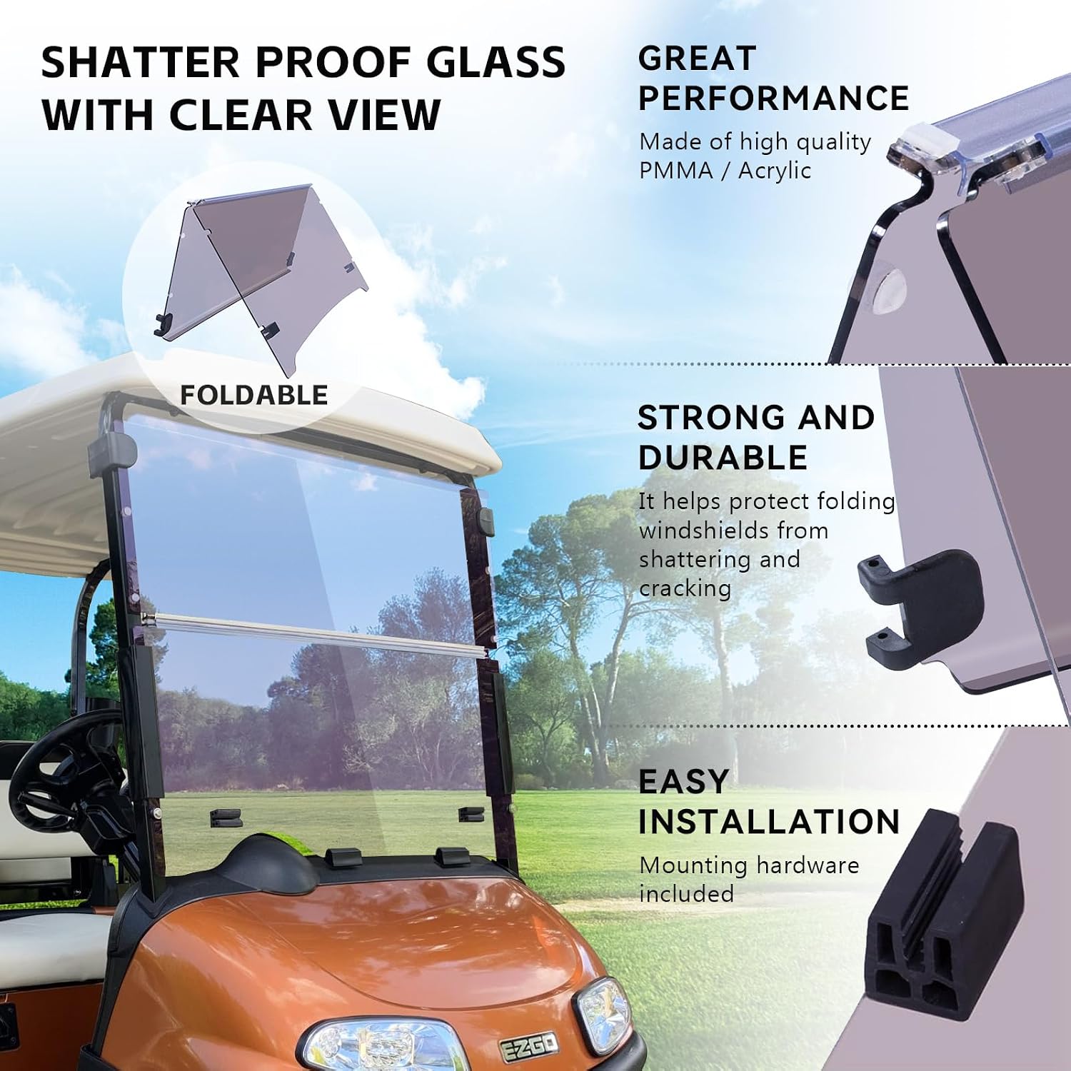 Flip Flop Compact Golf Cart Windshield for E-Z-GO RXV, Tinted Color, 3/16" Thickness, Fits EZGO RXV Pre-2015 and 2016+ Models