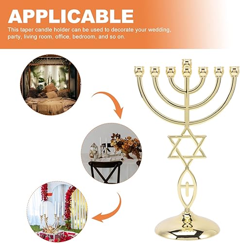 Miniatura 6 de Candelabro, soporte para velas de menorá de Hanukkah, 7 ramas, centro de mesa de menorá, cono dorado, decoración para fiestas de vacaciones de