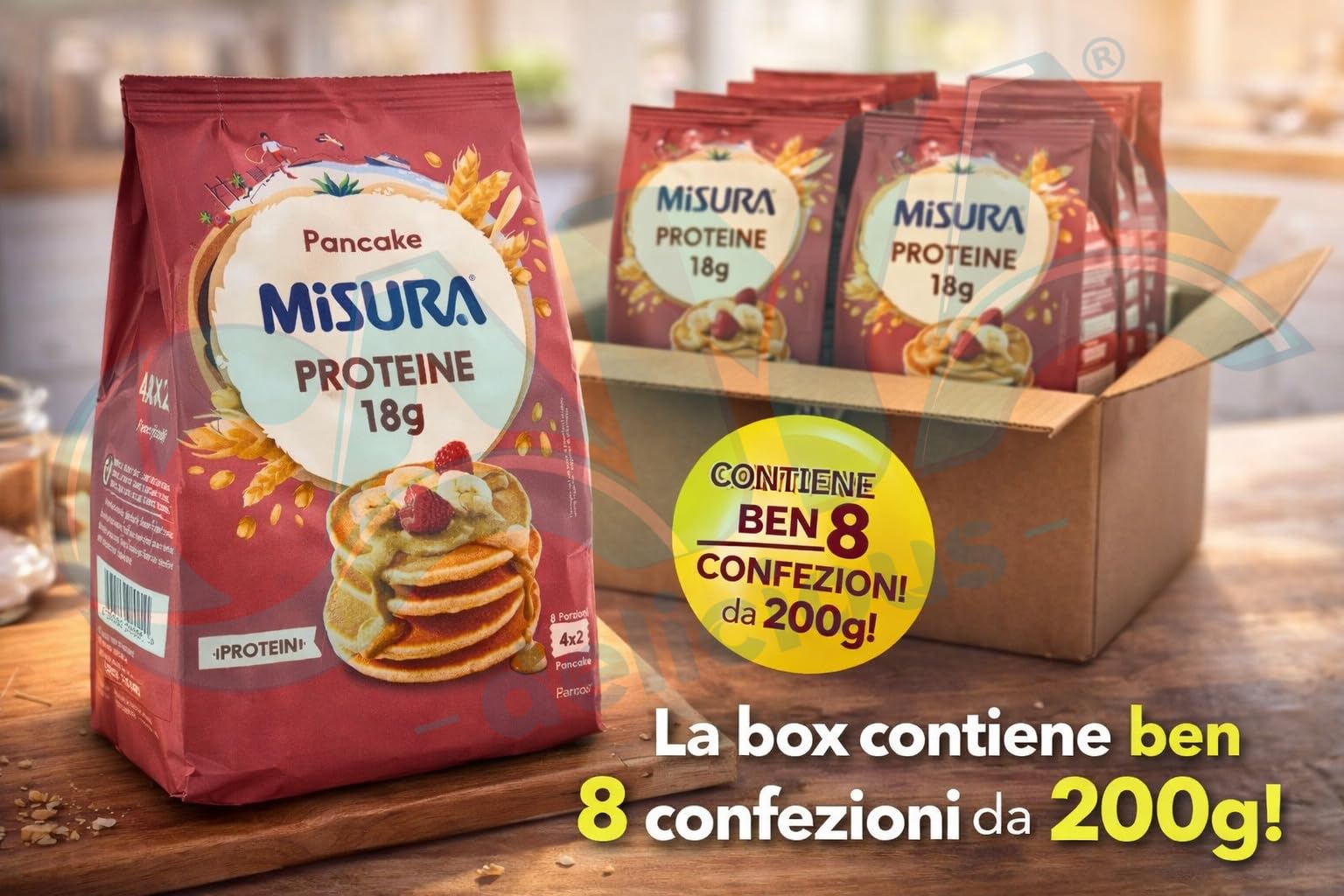 Misura Pancake Protein - BOX ORIGINALE 8 Confezioni (1,6 kg) | 64 Pancake Proteici | -40% Zuccheri | Colazione Proteica Pronta
