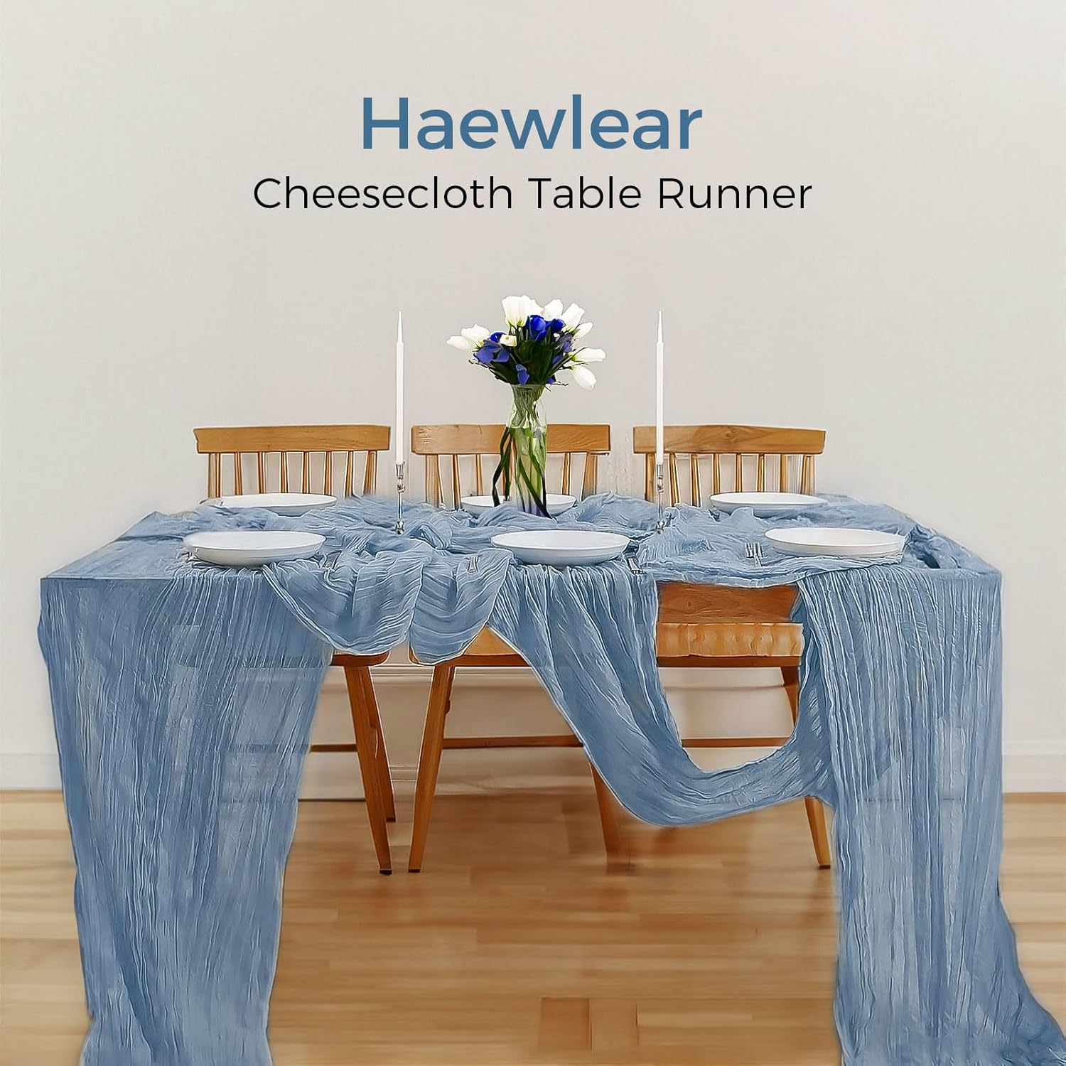 6 Pack Boho Gauze Cheesecloth Long Rustic Sheer Table Runner for Wedding, Bridal, Baby Shower, Birthday Party, Cake Table, Arbor Decorations (Dusty Blue)