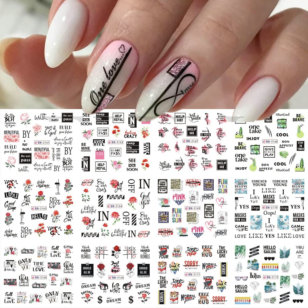 12 Sheets Colorful Rose Heart Text, Water Transfer Nail Sticker, Decals DIY for Manicure-image-2