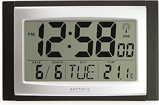 Stratus radio controlled digital wall and desk clock with LCD display showing date day and temperature, battery powered kitchen or office clock with tabletop or wall mounting in black