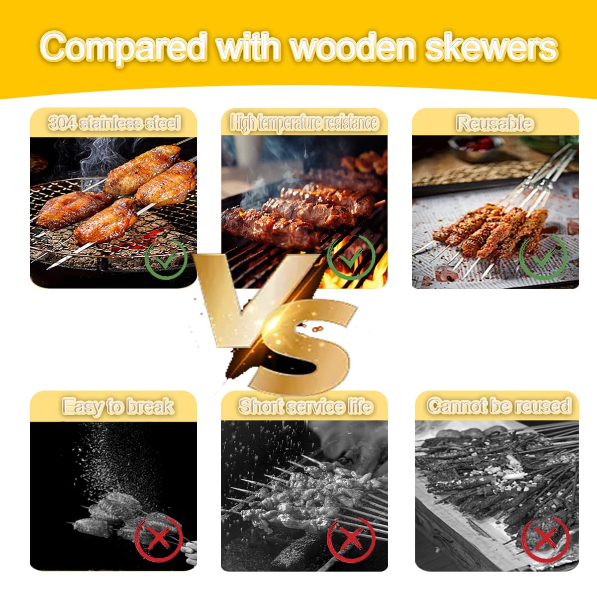 Brochettes BBQ Réutilisables LEERMEIZ - 24 Pièces Acier Inoxydable 30cm Pour Viandes Et Légumes