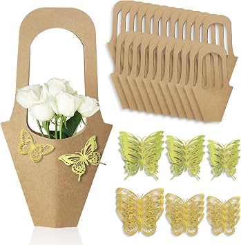 Septo 24pcs Kraft Paper Flower Bags,Bouquet Bags with 24pcs 3D Butterfly Accessories Flower Bags for Bouquets Flower Bag with Handle for Valentines Day Wedding Home Decoration