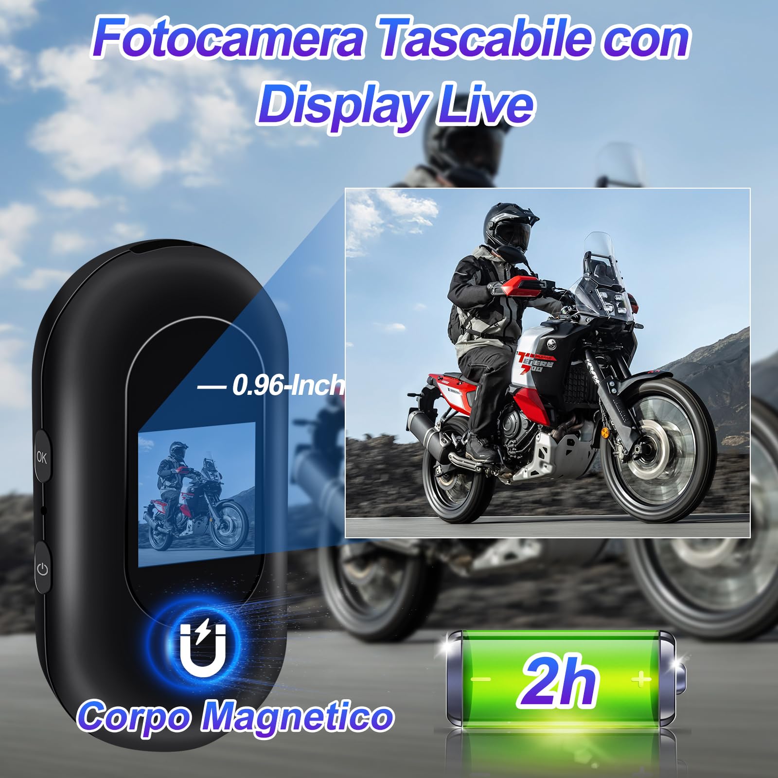 Mini Bodycam 1080P Schermo 0,96" Supporto Magnetico, Visione Notturna | leggero 27,5g, batteria 120min, grandangolo 120°, 7 supporti, 256GB SD, ricarica USB-C, 6 LED IR