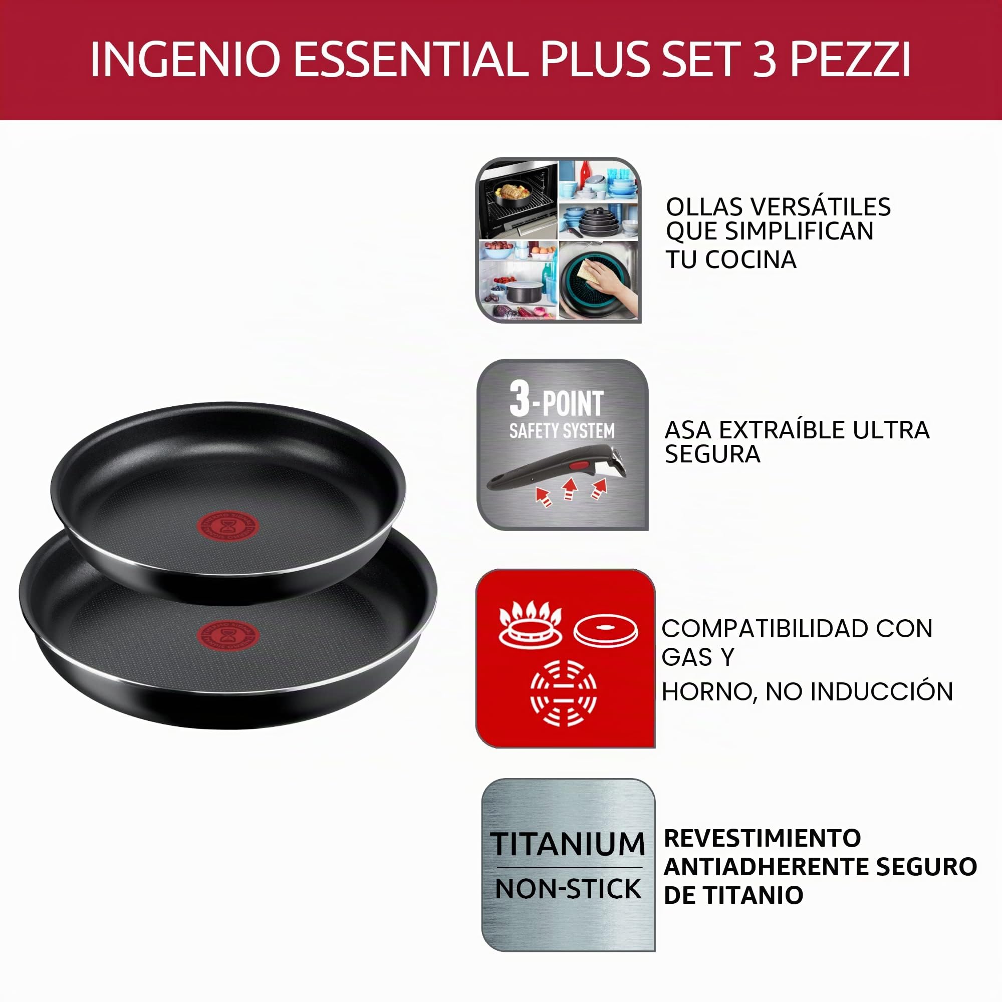 Lagostina Ingenio Essential Plus - Juego de ollas y sartenes antiadherentes de aluminio para gas y horno, 3 piezas, sartenes de 24 y 28 cm de diámetro y mango extraíble