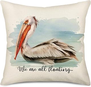 Funny Words We are All Floating with Sea Pelican Bird Decorative Throw Pillow Cover Home Sofa Decor Outdoor Summer Ocean Theme Cushion Case Square 18x18 (Pelican-2)