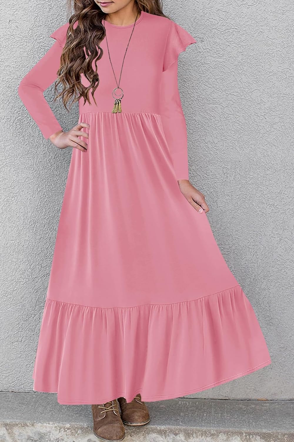 HOSIKA Girls Fall Ruffle Long Sleeve Crew Neck Loose Casual Flowy Tiered Maxi Dress with Pockets for 6-12 Y - Image 4