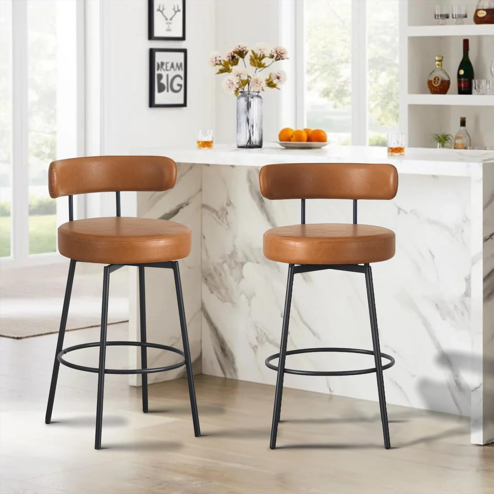 JALOURT Bar Stools Set of 2,PU Leather 360° Swivel Barstools with Back and Metal Legs,29" Seat Height Upholstered Counter Height Bar Stools for