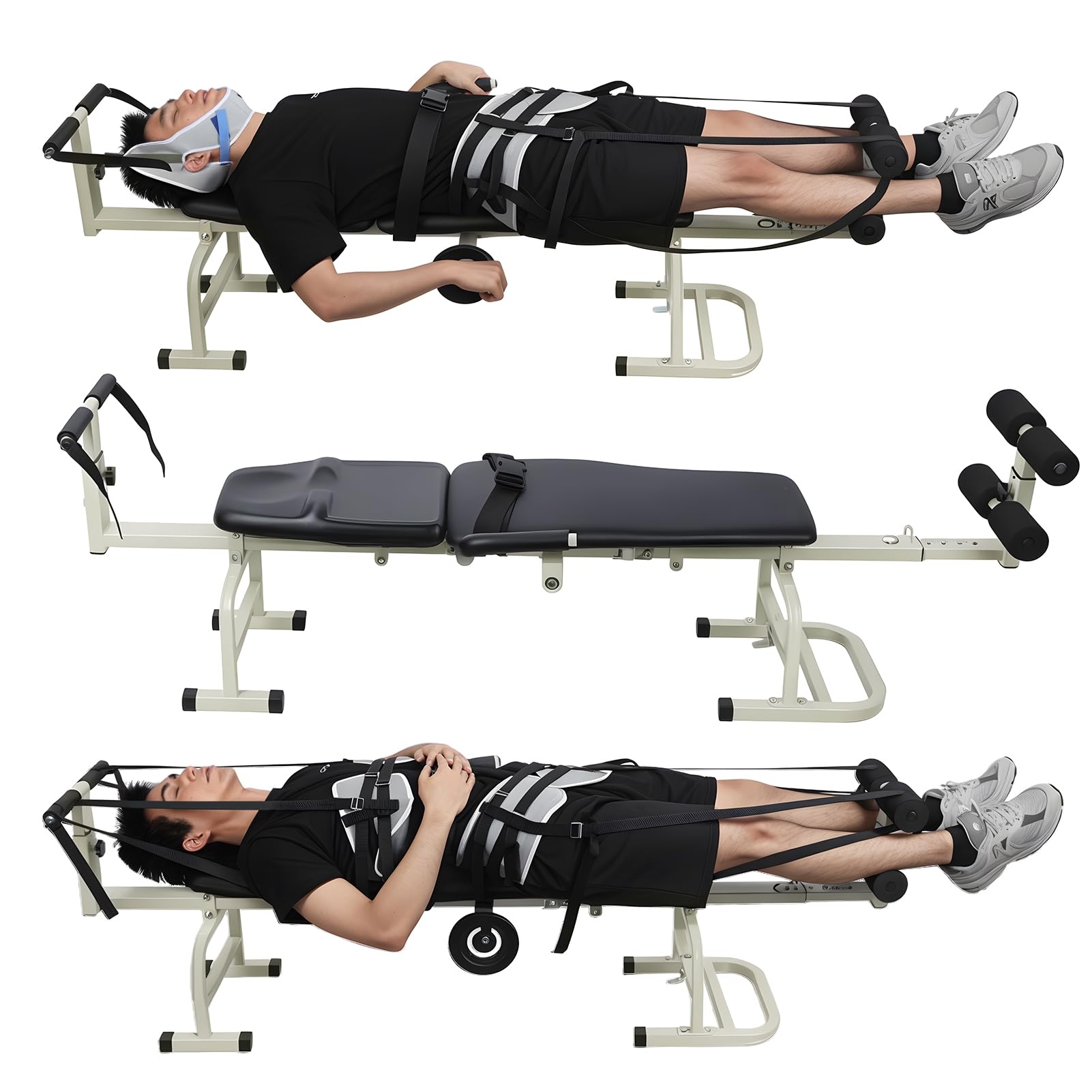 Hiborth Cervical Traction Back Stretch Bench, Inversion Table Machine with Massage Workout, Lumbar Traction Device for Spine Stretching and Pain Relief, Home Gym Equipment Black One size