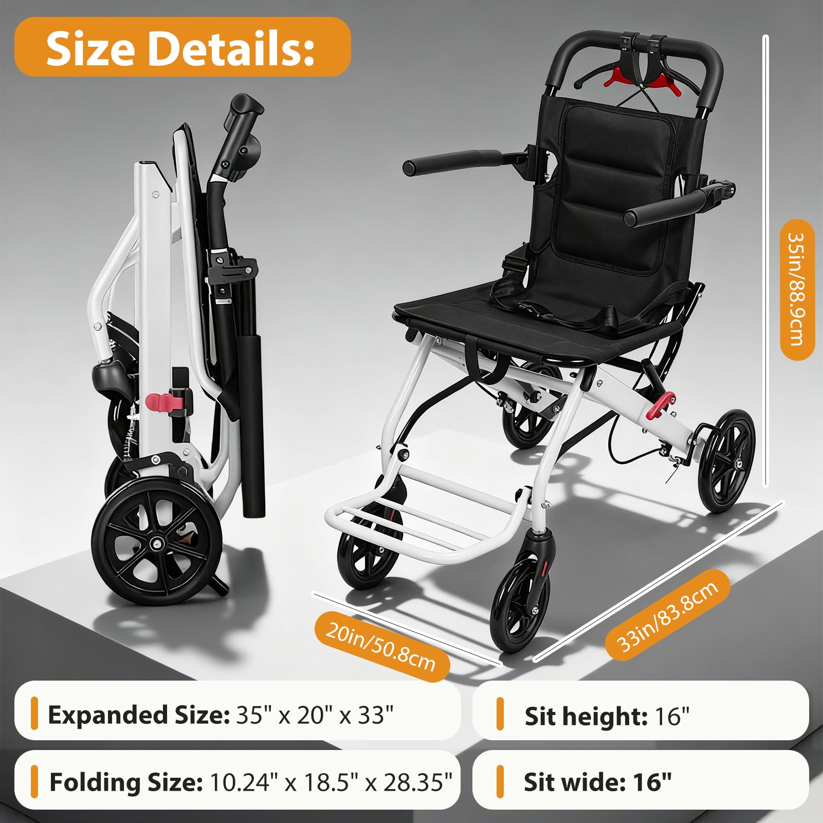 Silla de ruedas de transporte ultraligera, silla de ruedas plegable de viaje portátil con manillar giratorio de 270°, neumáticos de poliuretano, 8,2 kg, compacta para viajes, ideal para ancianos y