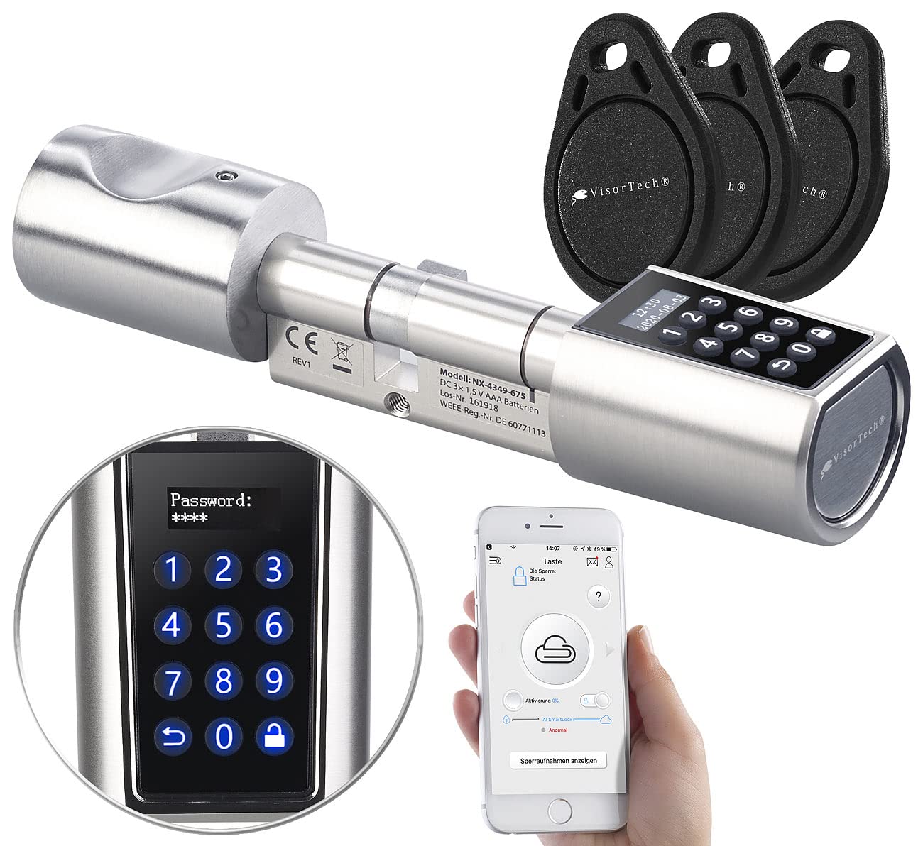 VisorTech Türzylinder: Elektronischer Tür-Schließzylinder, Transponder, Code, Bluetooth & App (Elektronisches Schloss, Elektronisches Türschloss mit Chip, Elektrischer Türöffner)