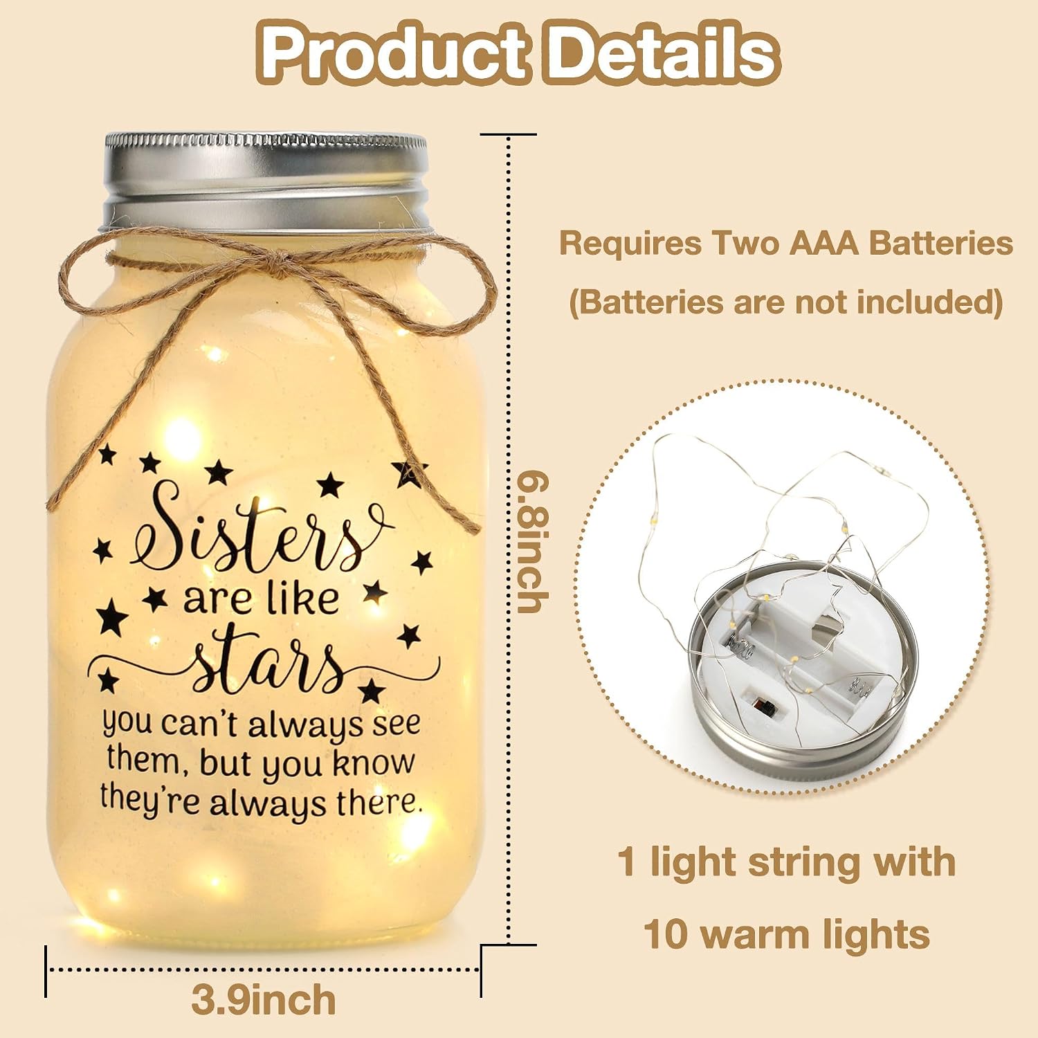 Birthday Gifts for Sister from Sisters - 30 oz Large Mason Jar Night Light