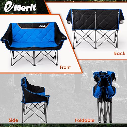 Miniatura 6 de EMERIT Silla de campamento doble acolchada de gran tamaño para adultos, sofá biplaza plegable resistente para exteriores, camping, playa, césped,