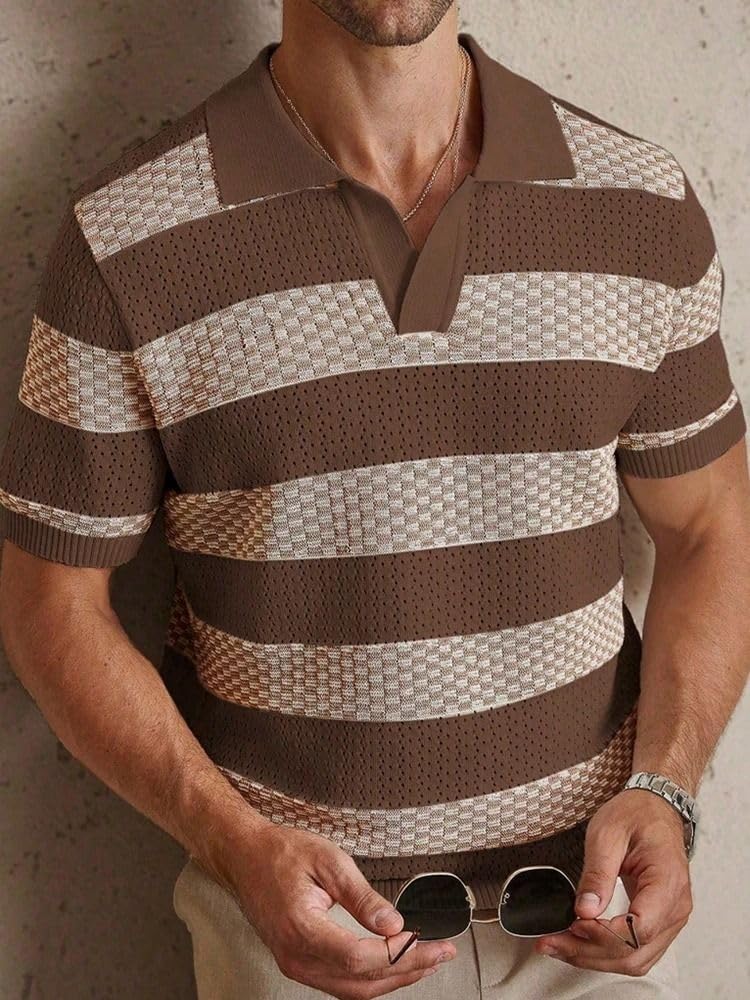 MORISTE Camicia Uomo a Righe Contrastanti Lavorata a Maglia, Colletto rivoltato Manica Corta Casual Top