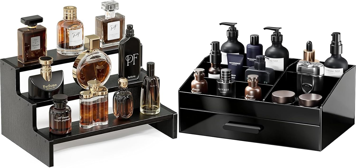 ProCase Wooden Cologne Organizer for Men Bundle with Cologne Organizer for Men with Drawer