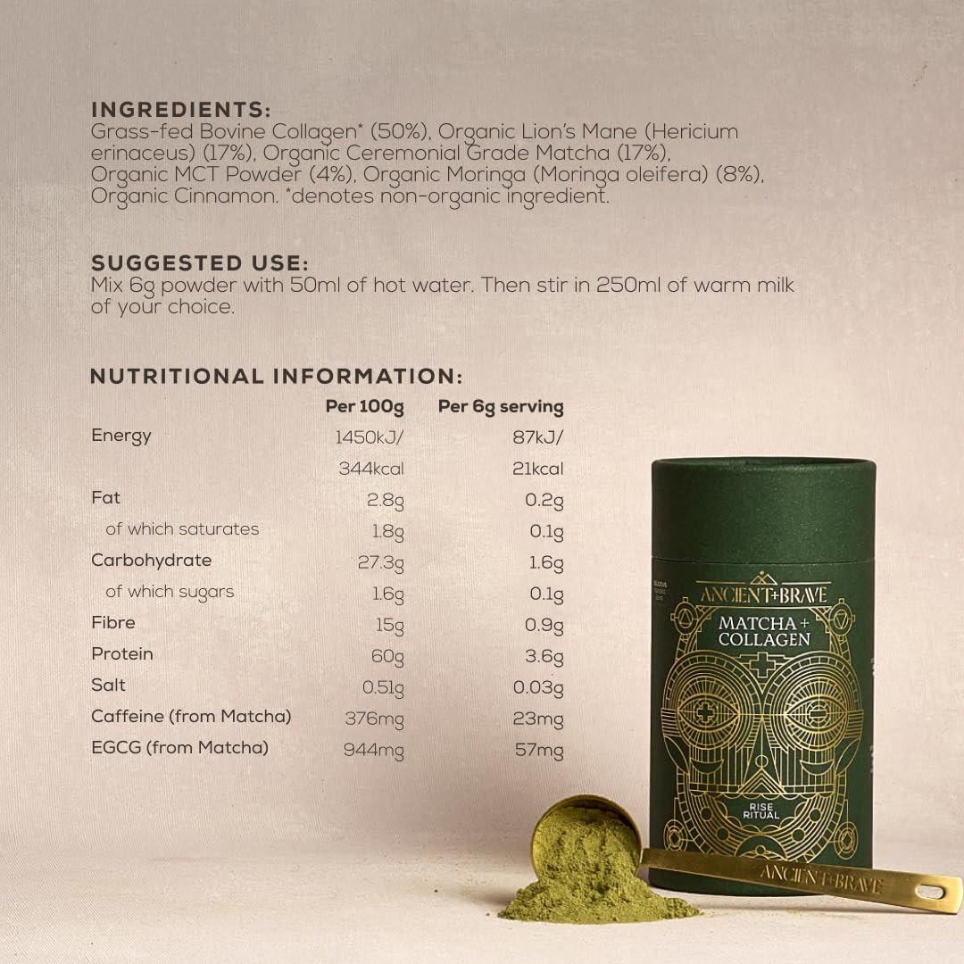 Ancient + Brave | Tubo Matcha + Collagene 150g - Integratore in Polvere di Polvere di Fungo di Leone - Peptidi di Collagene Idrolizzati - Pelle, Capelli e Unghie Radiosi