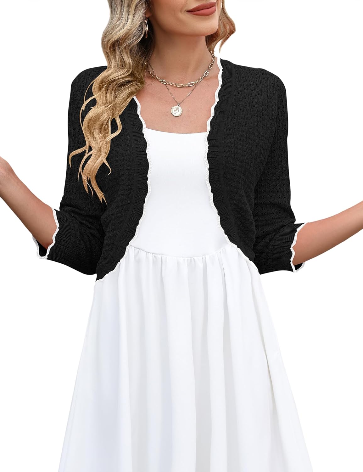 LOMON Women's 3/4 Sleeve Cropped Cardigan Knit Sweaters Trendy Open Front Bolero Shrugs for Dresses S-XXL