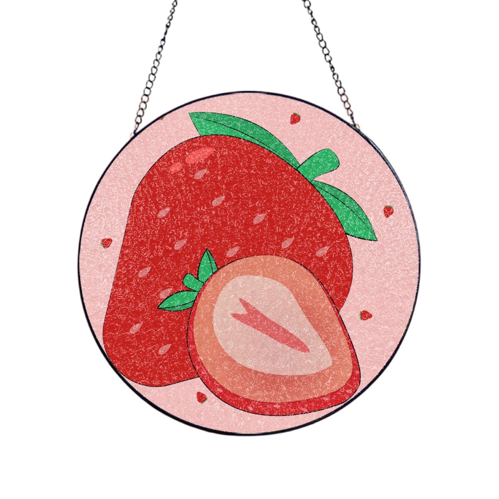 Phayah Cartoon Strawberry Print Stained Glass Window Hanging Suncatcher For Door Terrace Garden Home Decor Sun Catcher Birthday Gifts For Lovers Dad Mom 12in（30cm）