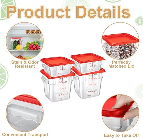 Miniatura 9 de Barydat Juego de 4 recipientes de almacenamiento de alimentos con tapas, 2 cuartos y 4 cuartos de galón, cuadrados transparentes con asas de