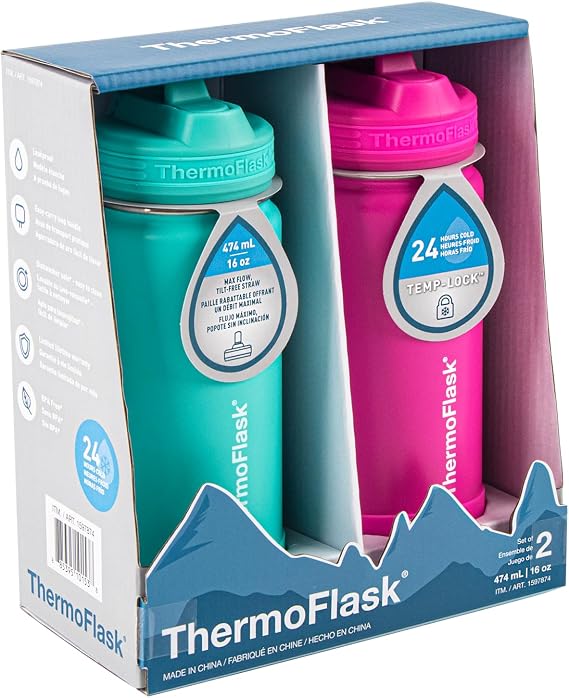 ThermoFlask Stainless Steel Kids Bottles with Straw Lid,BPA-Free, 16 Ounces, 2 Count (Aquamarine/Storm Pink)