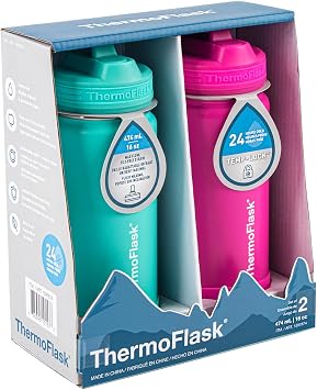 ThermoFlask Stainless Steel Kids Bottles with Straw Lid,BPA-Free, 16 Ounces, 2 Count (Aquamarine/Storm Pink)
