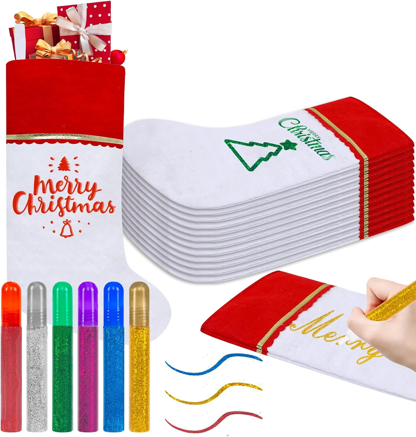 12 Pack White and Red Felt Christmas Stockings with 6 Pcs 6 Colors Glitter Pens, 19 Inches Red Cuff with Gold Trim White Christmas Stockings for Family Xmas Holiday Decorations