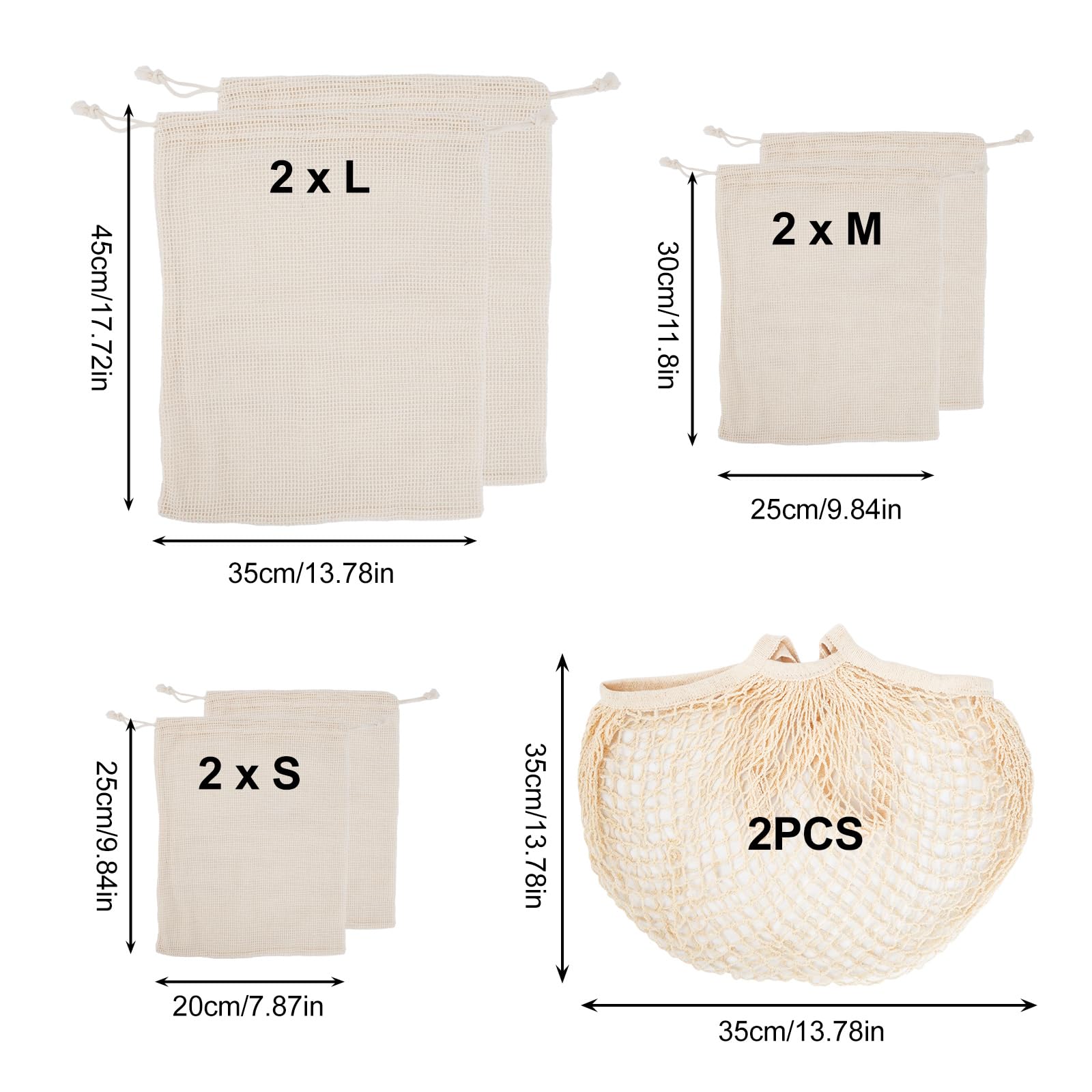WRENYZK 8 sztuk worków na owoce i warzywa, wielokrotnego użytku, torby bawełniane, siatkowe torby z długim i krótkim uchwytem (2 x S, 2 x M, 2 x + 2 x torba do przechowywania)