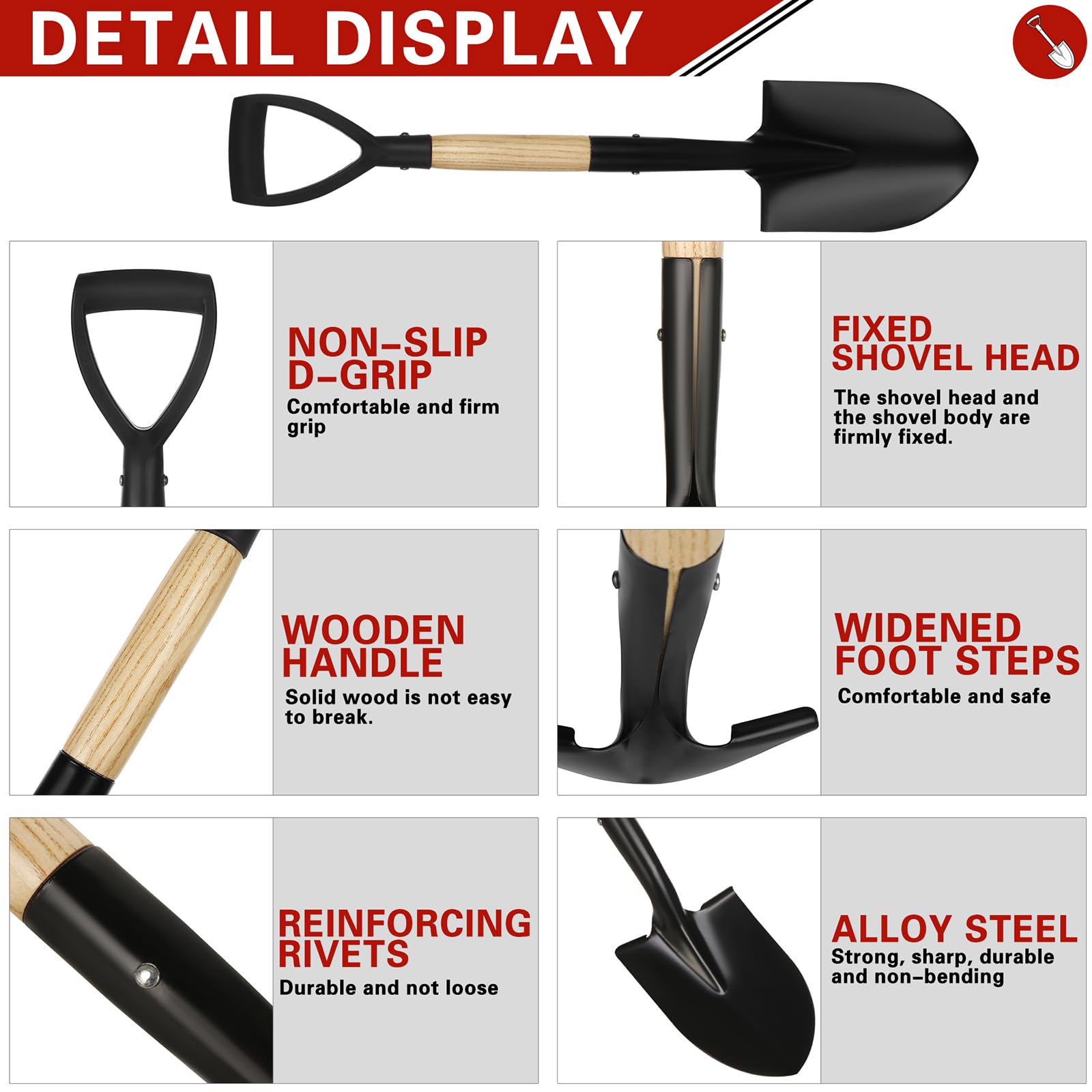 Mini pala da giardino da 71 cm con manico a D, piccola pala per bambini, testa in lega di acciaio e albero in legno, per emergenza auto, spiaggia, piantagione e neve leggera