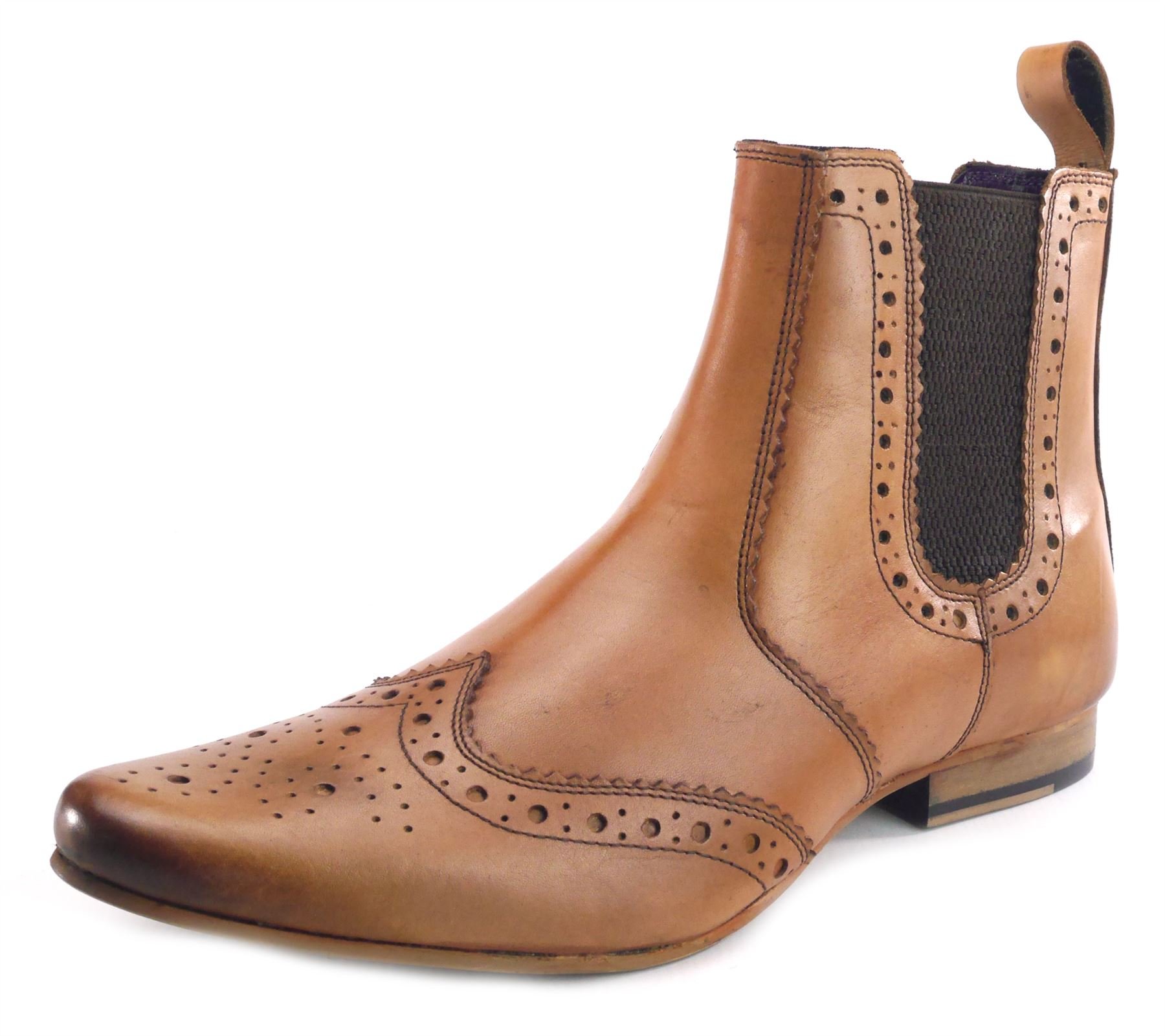 Frank James Harrow Mens Pointed Toe Leather Brogue Chelsea Western Winklepicker Boots Tan