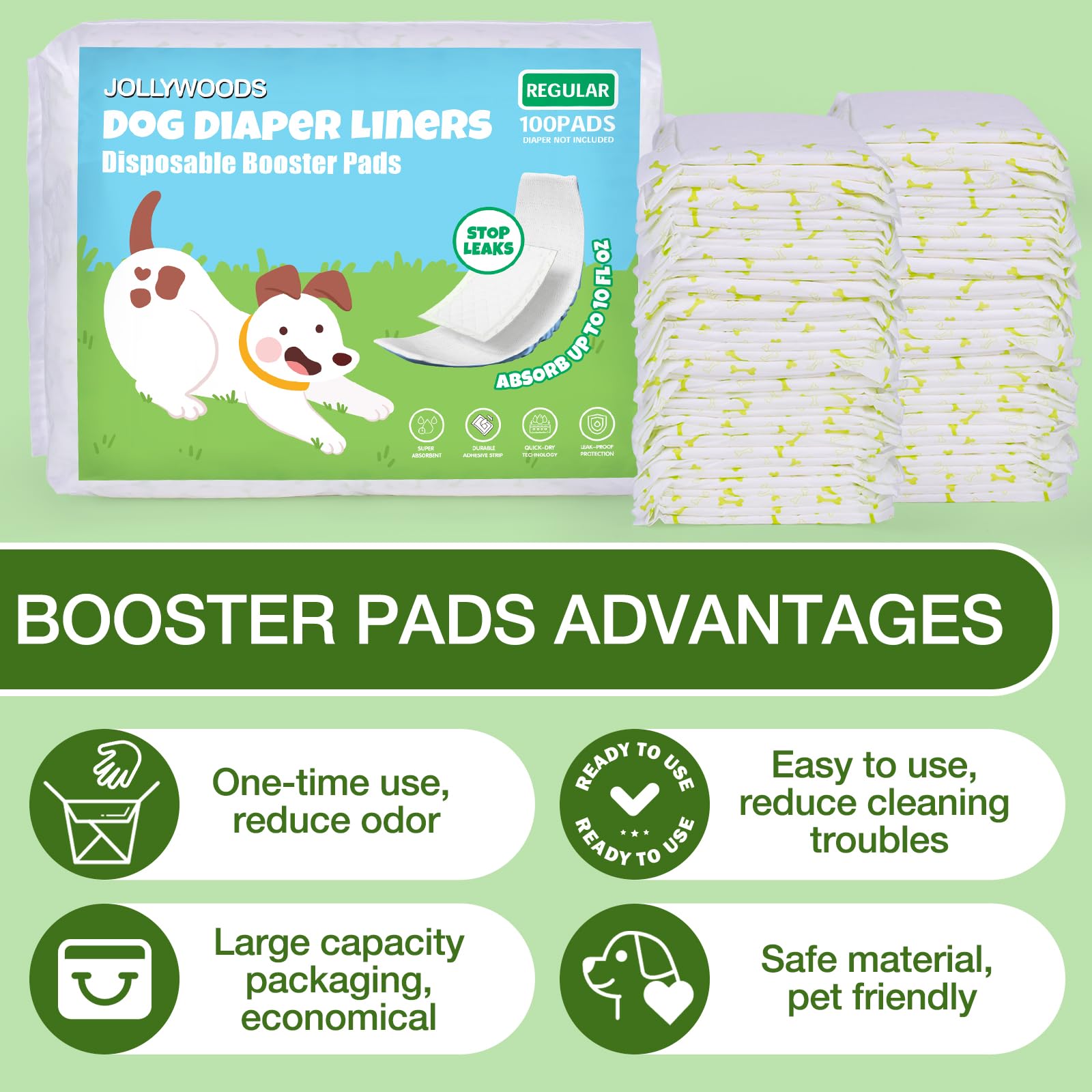 Jollywoods Cubrepañales para perros, almohadillas elevadoras para perros machos y hembras, insertos desechables para pañales para perros, bandas para el vientre y envolturas machos, súper absorbentes