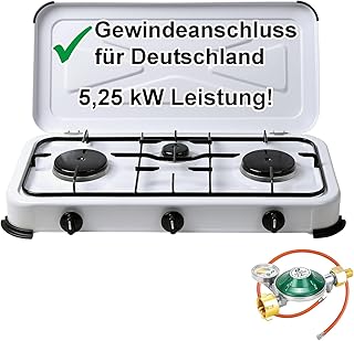 Bluecraft Campingkocher 3 flammig Gaskocher mit 5,25 kW Leistung für Gasflaschen Doppelkocher Gasherd mit Zubehör Manometer Gasregler 50 mbar Gasschlauch für Camping Outdoor Freizeit