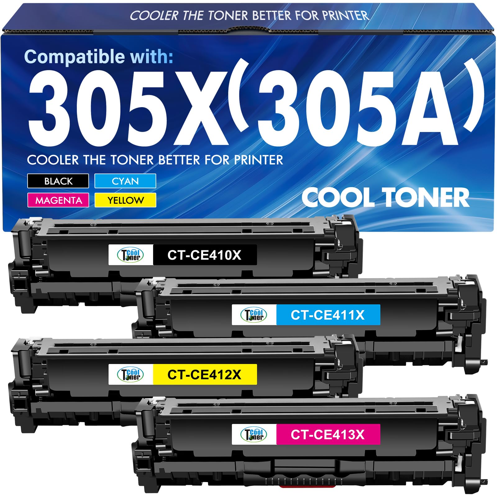 305X 305A Toner Cartridge 4-Piece Combo Pack CE410X CE411X CE412X CE413X | Compatible for HP LaserJet Pro 400 color M451dn 451nw M475dn Pro 300 MFP M375nw M351a M351 M375 M451 M475 Series Printer
