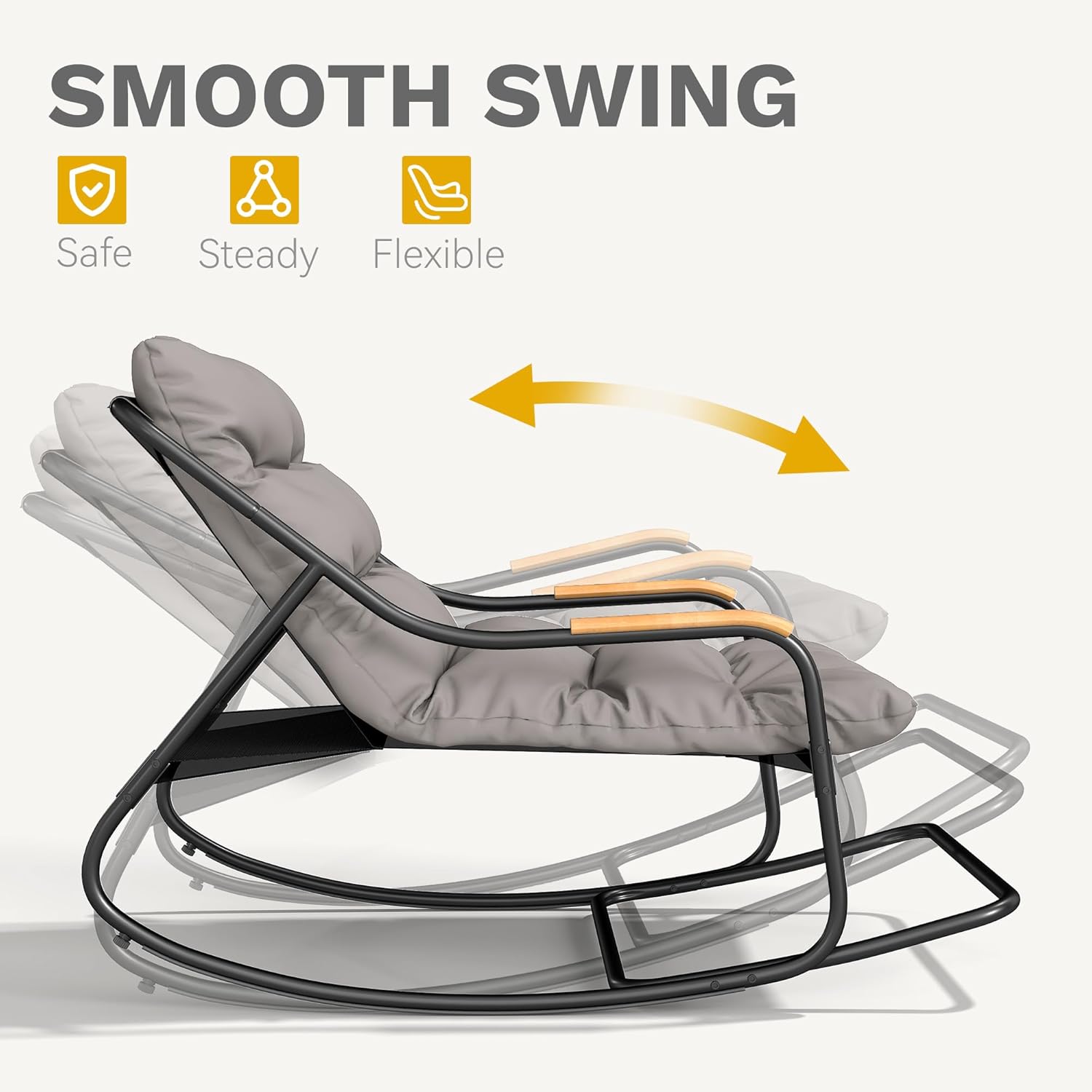 DWVO Outdoor Rocking Chair, Over-Sized Patio Rocking Chair with Removable Cushion, All-Weather Lounge Chair Outdoor Porch Rockers for Lawn, Garden, Backyard, Black