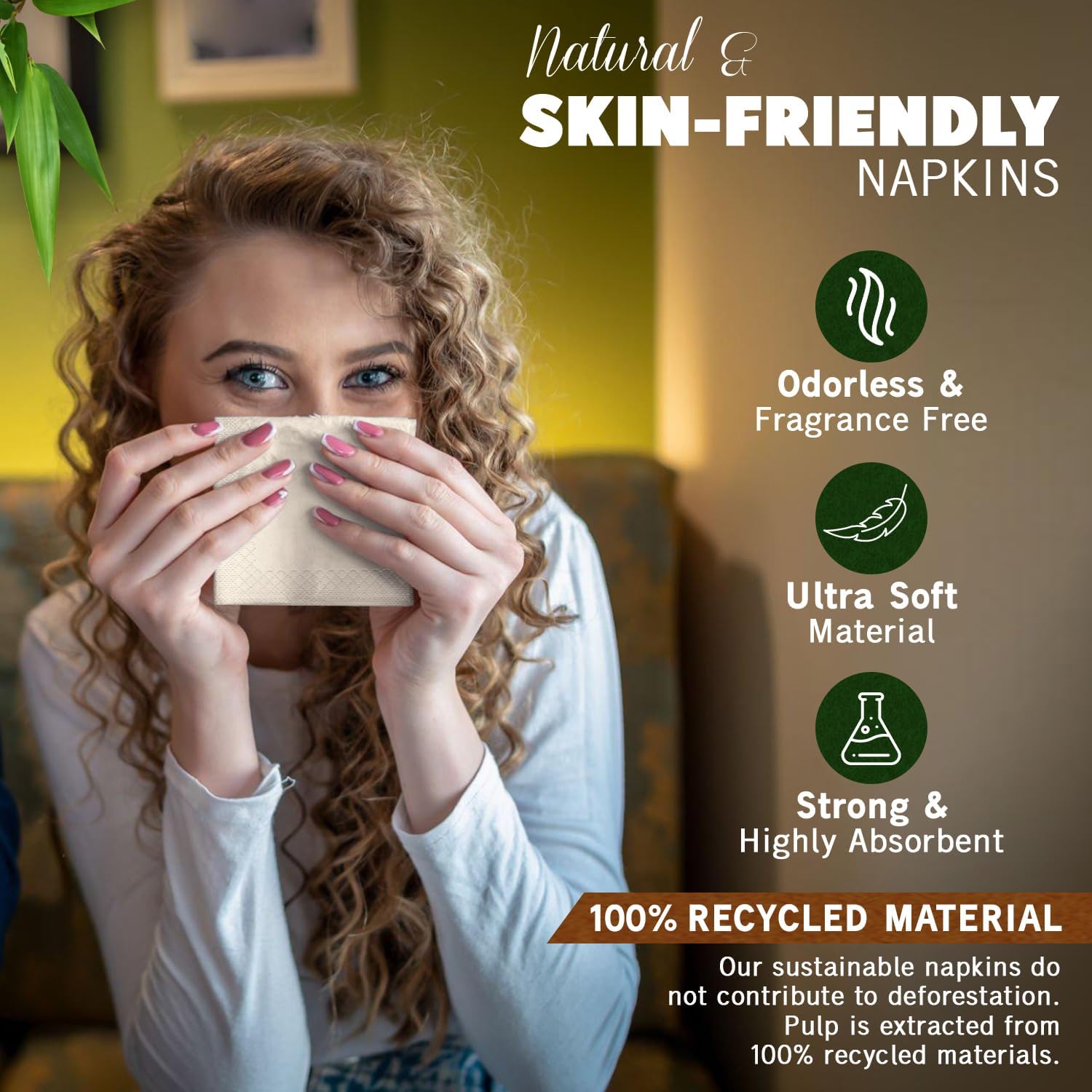 Weemium Compostable Napkins Disposable - FSC Certified - 300 Pack, 2-Ply - 6.5 x 6.5 Inch Folded - Post-Consumer Recycled Material - Biodegradable & Highly Absorbent Paper Napkins for Lunch & Dinner