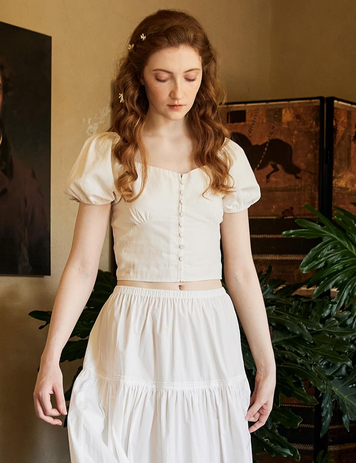 BEAUTELICATE Renaissance Shirt White Crop Tops for Women Puff Sleeve Blouse for Women Decorative Button - Image 3