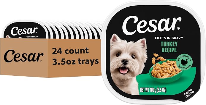 Cesar Filets in Gravy Adult Wet Dog Food Turkey Recipe, 3.5 oz. Easy Peel Dog Food Tray, 24 Count Pack of 1