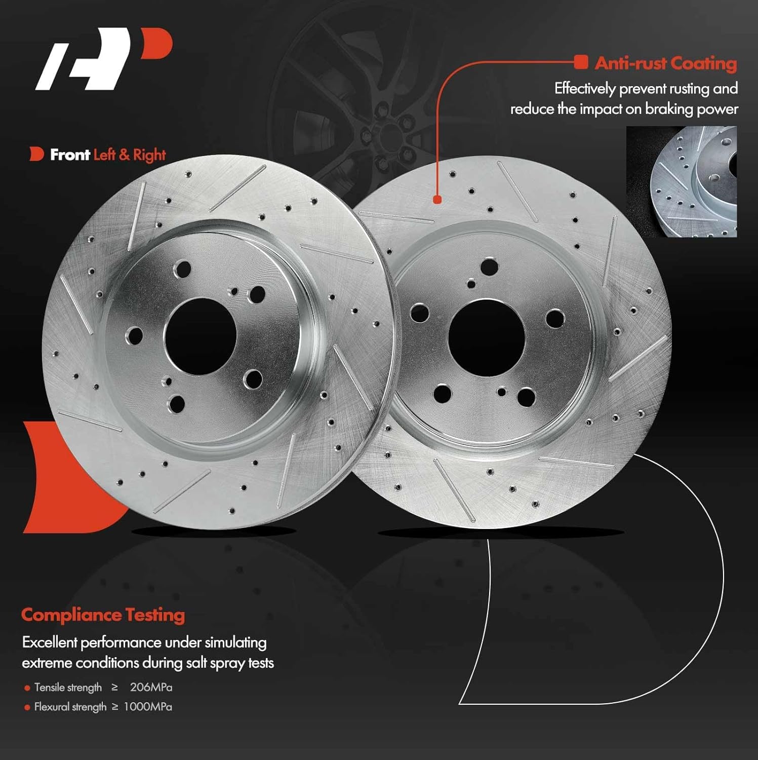 A-Premium 12.01 inch (305mm) Front Drilled and Slotted Disc Brake Rotors Compatible with Select Toyota and Lexus Models - Camry, Corolla Cross, Avalon, Venza, C-HR, ES250, ES350, 2-PC Set