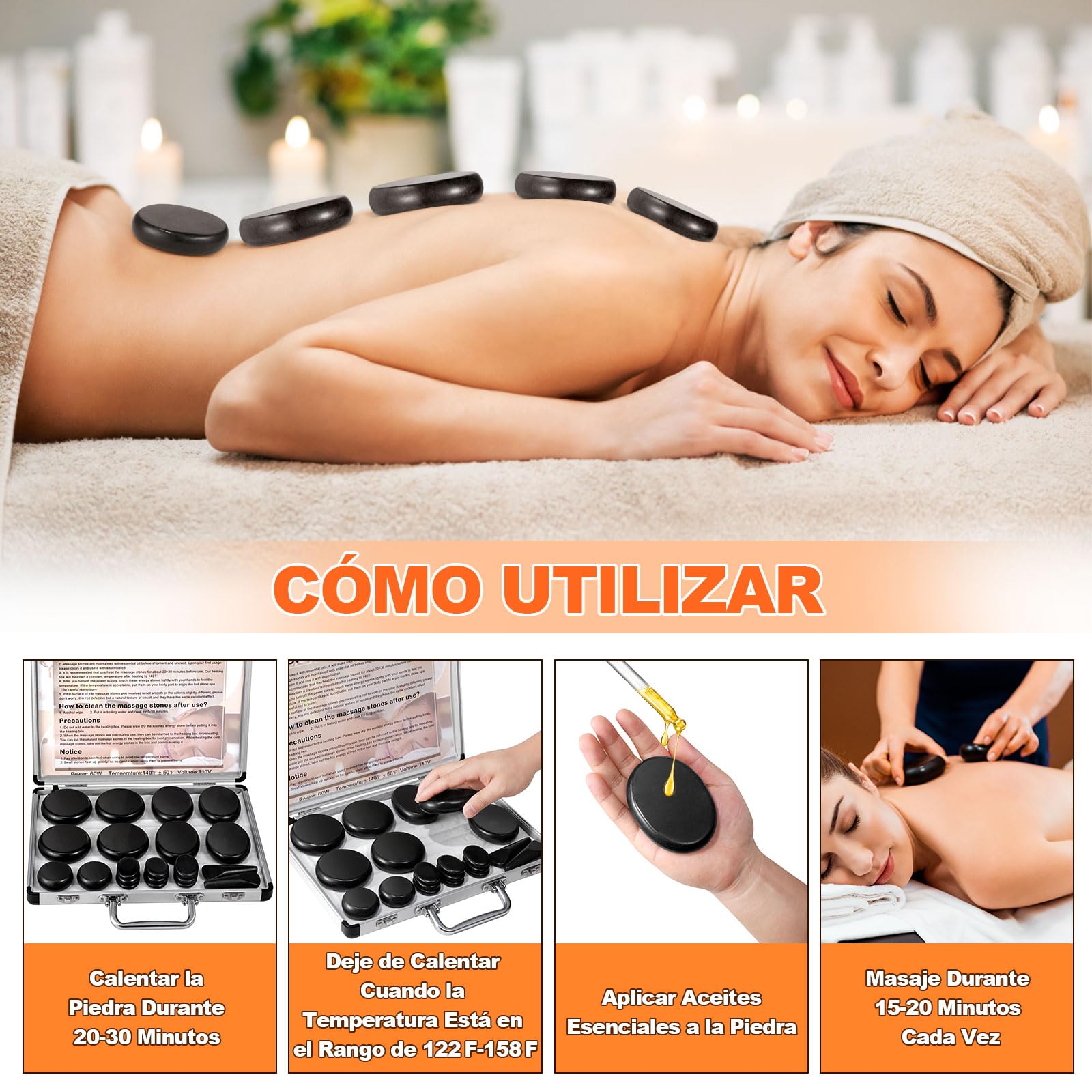 Calentador de Piedras Calientes 21 Piezas, Kit de Piedras de Basalto para Masaje Corporal Spa