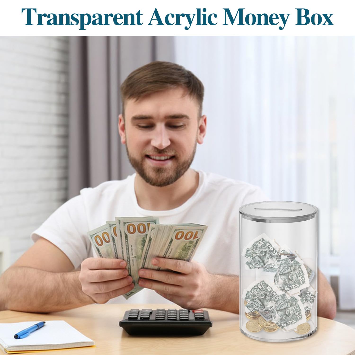 Money Box Acrylic Money Tin Transparent Money Savings Box with Lid Cylinder Clear Money Box Piggy Bank for Adults or Kids Money Saving Tin (Transparent lid) - Image 4