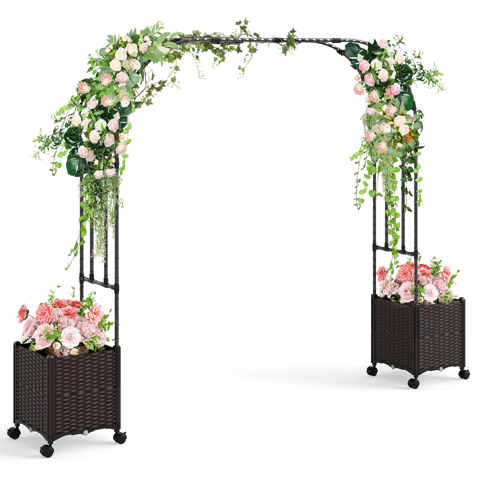 HOMASIS 2 en 1 Arco de Jardín y Maceteros, 288 x 40 x 202 cm, Pérgola Rosas con Ruedas para Plantas Trepadoras, Sistema de Autorriego, Decoración Exterior y Soporte de Boda, Fiesta, Negro